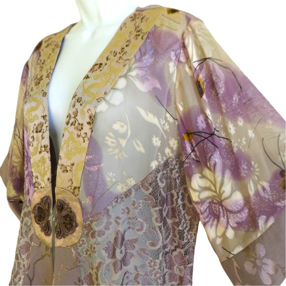 Vintage Tops - Spencer Alexis SiLK Blend Boho Kimono Top Neutral Beige Pink Knot Button Embosse